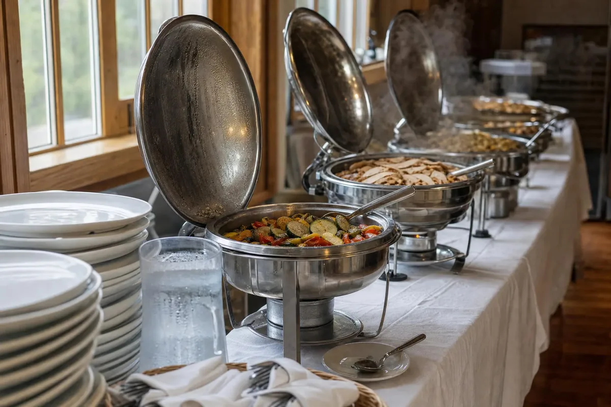 Buffet line with open chafing dishes, platters and stacked plates set up for an event