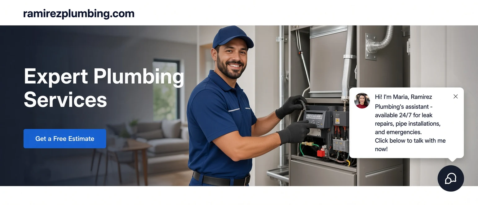 Plumbing company home page with a headline, an estimate button and a chat widget open in the lower right corner