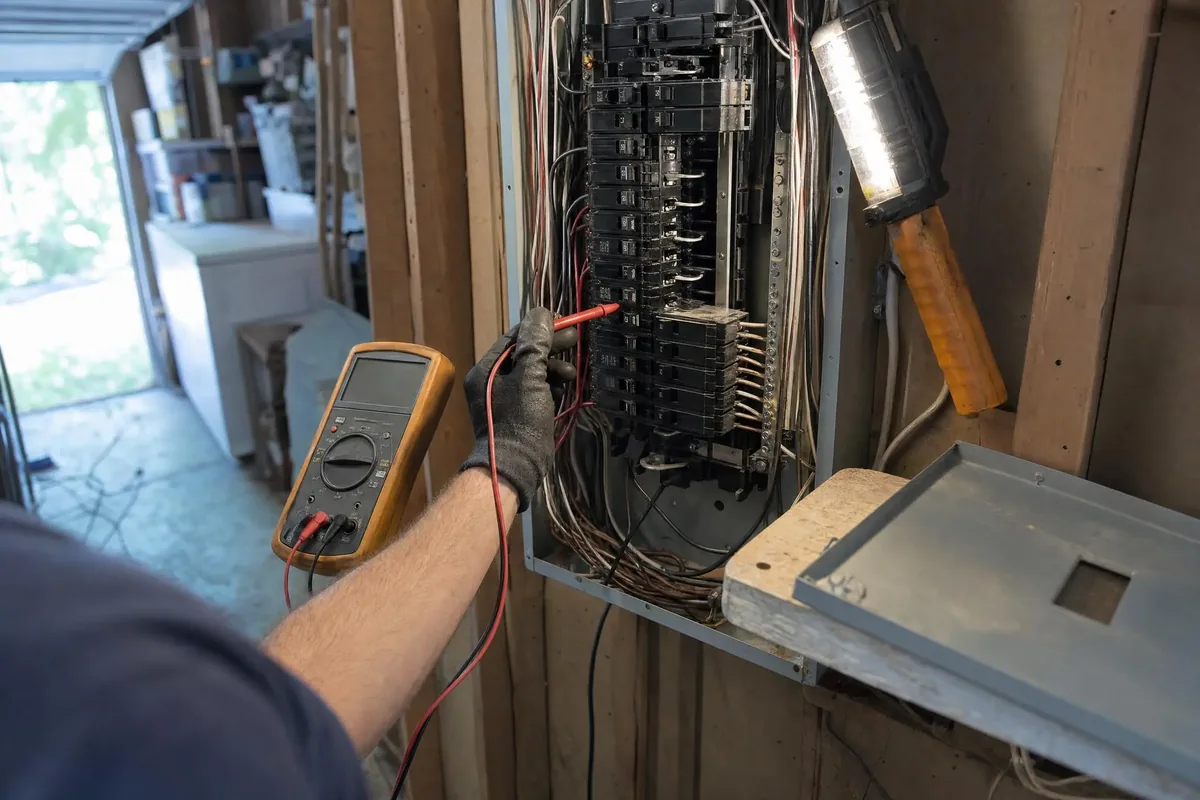 Electrician testing a breaker terminal with a multimeter at an open residential electrical panel