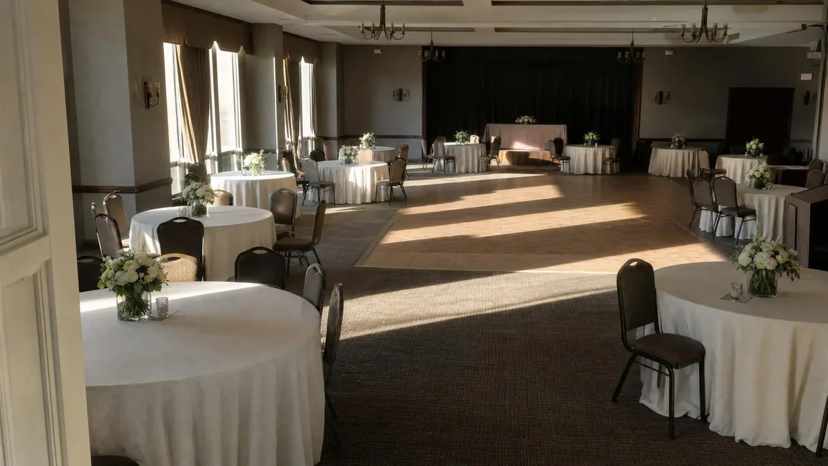 Event venue room set with round tables and an open dance floor before guests arrive