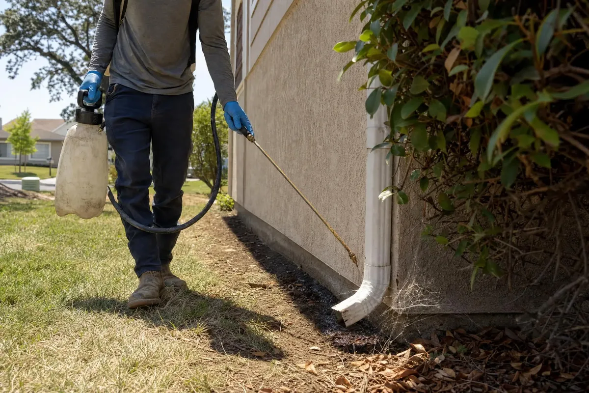 Pest control technician applying a perimeter treatment along a house foundation with a backpack sprayer