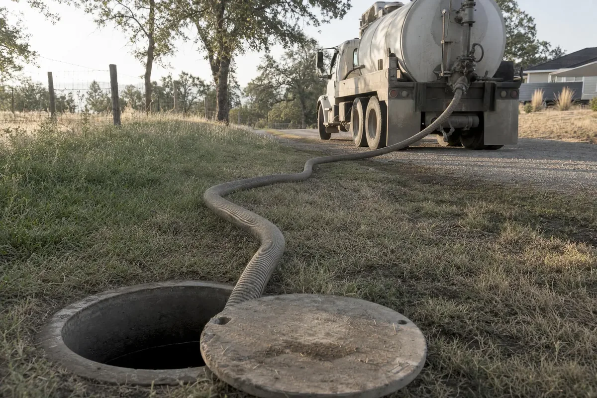 Septic vacuum truck on a gravel driveway with its hose run to an open septic tank lid